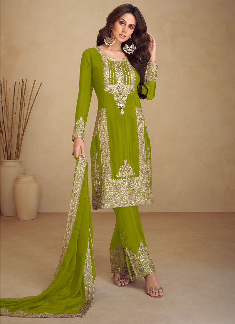 Chinon Mehndi Festival Wear Embroidery Work Readymade Salwar Suit 385863