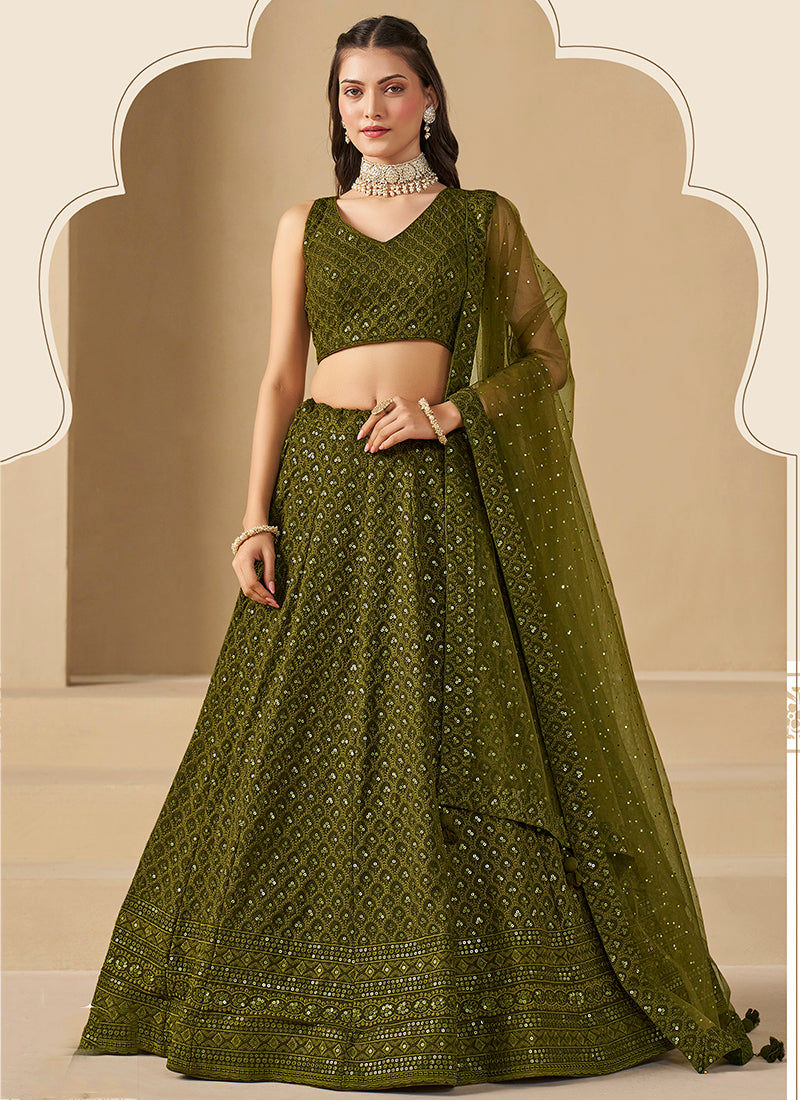Georgette Mehndi Wedding Wear Thread Embroidery Work Lehenga Choli 385593