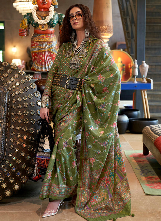 Pv Silk Mehndi Party Wear Printed Work Saree 385827