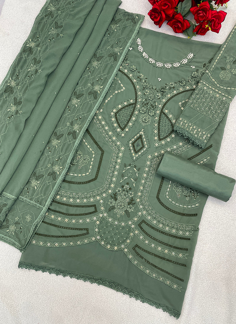 Faux Georgette Mint Green Eid Wear Embroidery Work Pakistani Suit 387664