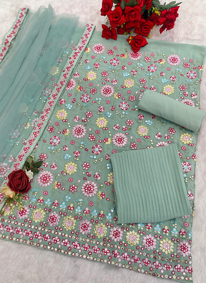 Faux Georgette Mint Green Festival Wear Thread Embroidery Work Sharara Suit 382772