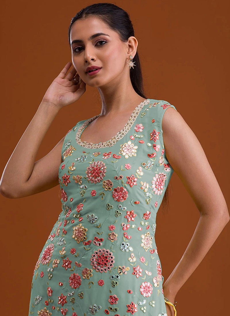 Faux Georgette Mint Green Festival Wear Thread Embroidery Work Sharara Suit 382772