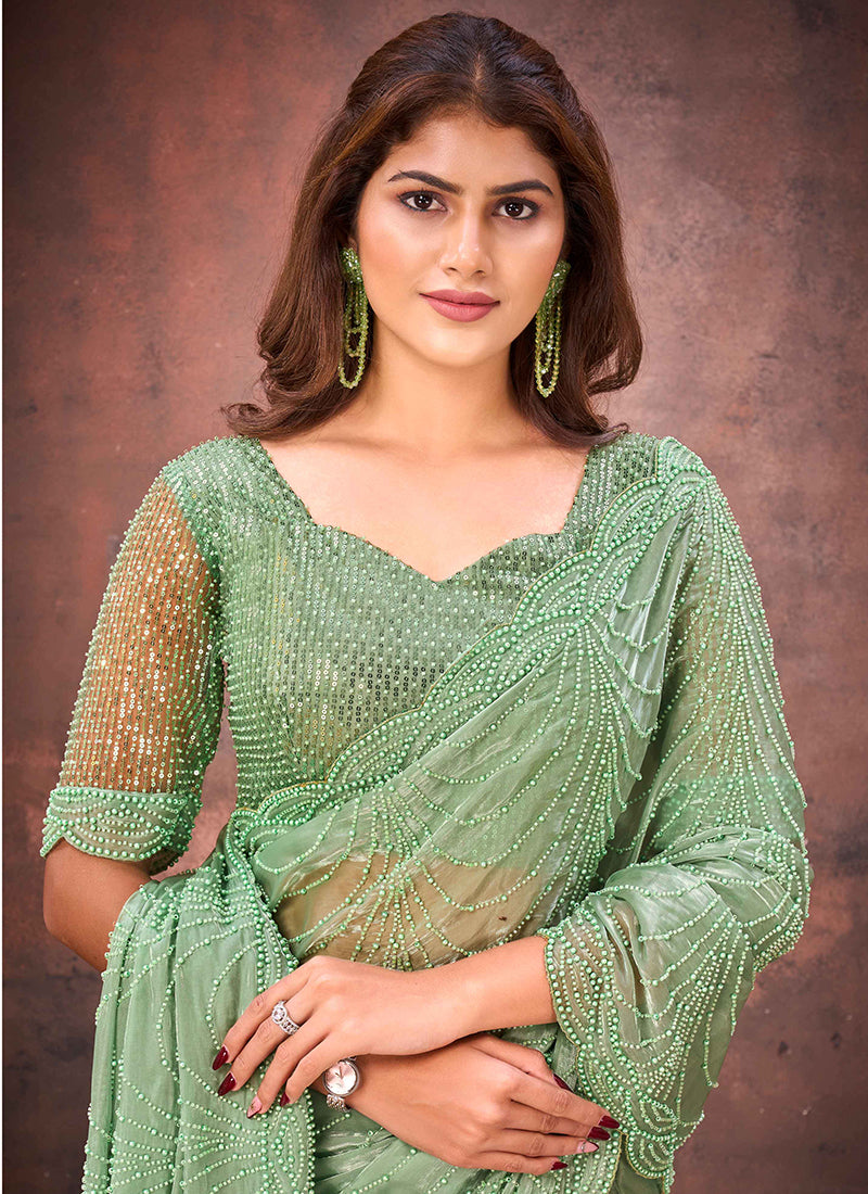 Jimmy Choo Mint Green Wedding Wear Bead Work Ready To Wear Saree 387526