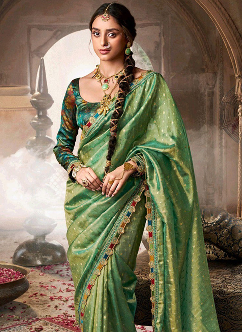 Pure Tissue Mint Green Party Wear Lace Border Work Saree 387560