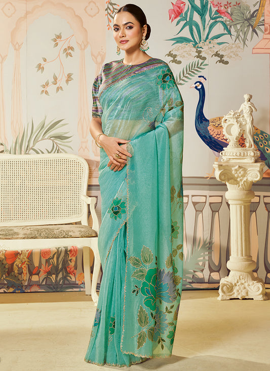 Silk Mint Green Saree with Embroidery Work for Festival Wear 385035