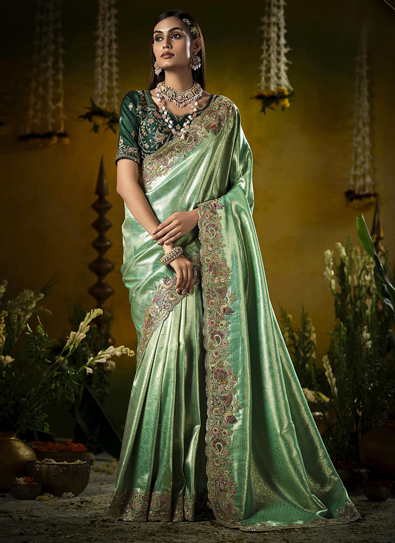 Silk Mint Green Saree with Embroidery Work for Wedding Wear 382433