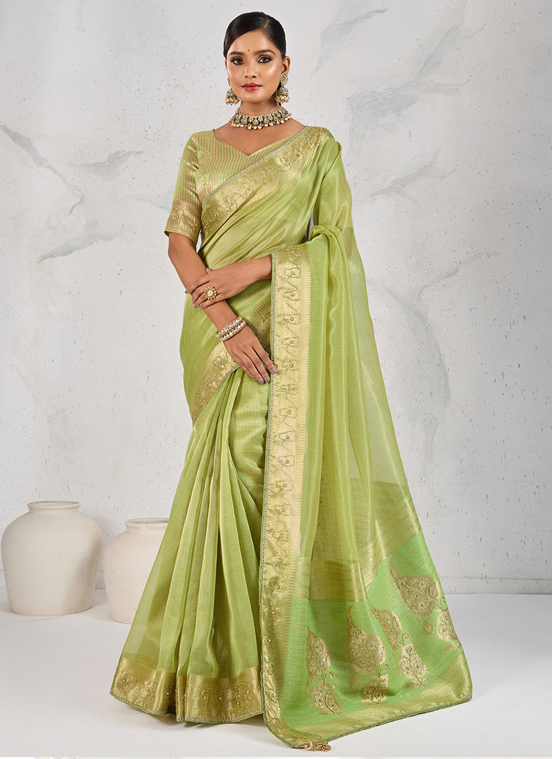 Tissue Linen Mint Green Saree with Zardosi Work for Bridal Wear 380351