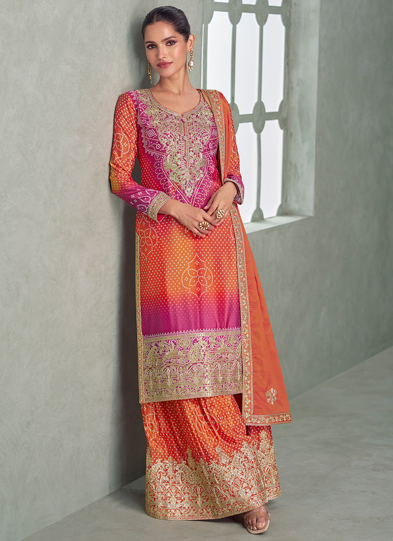Chinnon Silk Multi Color Wedding Wear Embroidery Work Readymade Plazzo Suit 385249
