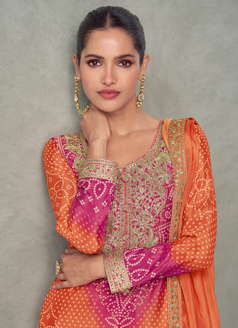 Chinnon Silk Multi Color Wedding Wear Embroidery Work Readymade Plazzo Suit 385249