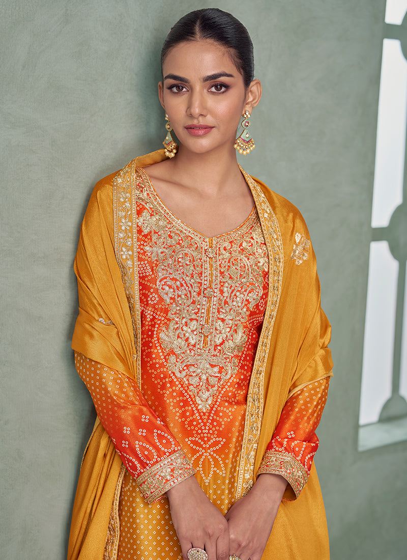 Chinnon Silk Multi Color Wedding Wear Embroidery Work Readymade Plazzo Suit 385250