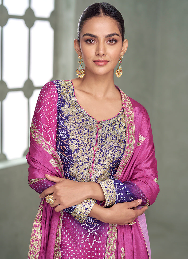 Chinnon Silk Multi Color Wedding Wear Embroidery Work Readymade Plazzo Suit 385251
