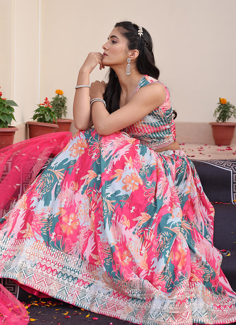 Chinon Multi Color Ocassional Wear Embroidery Work Lehenga Choli 386072