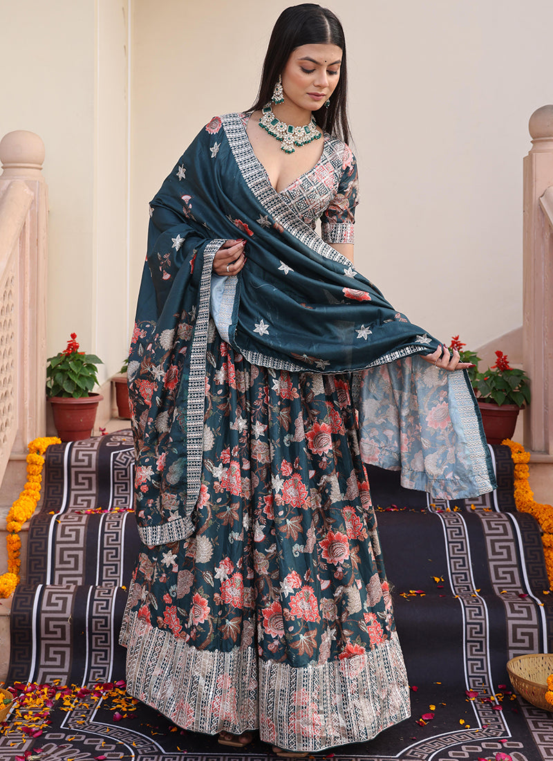 Chinon Multi Color Ocassional Wear Embroidery Work Lehenga Choli 386073