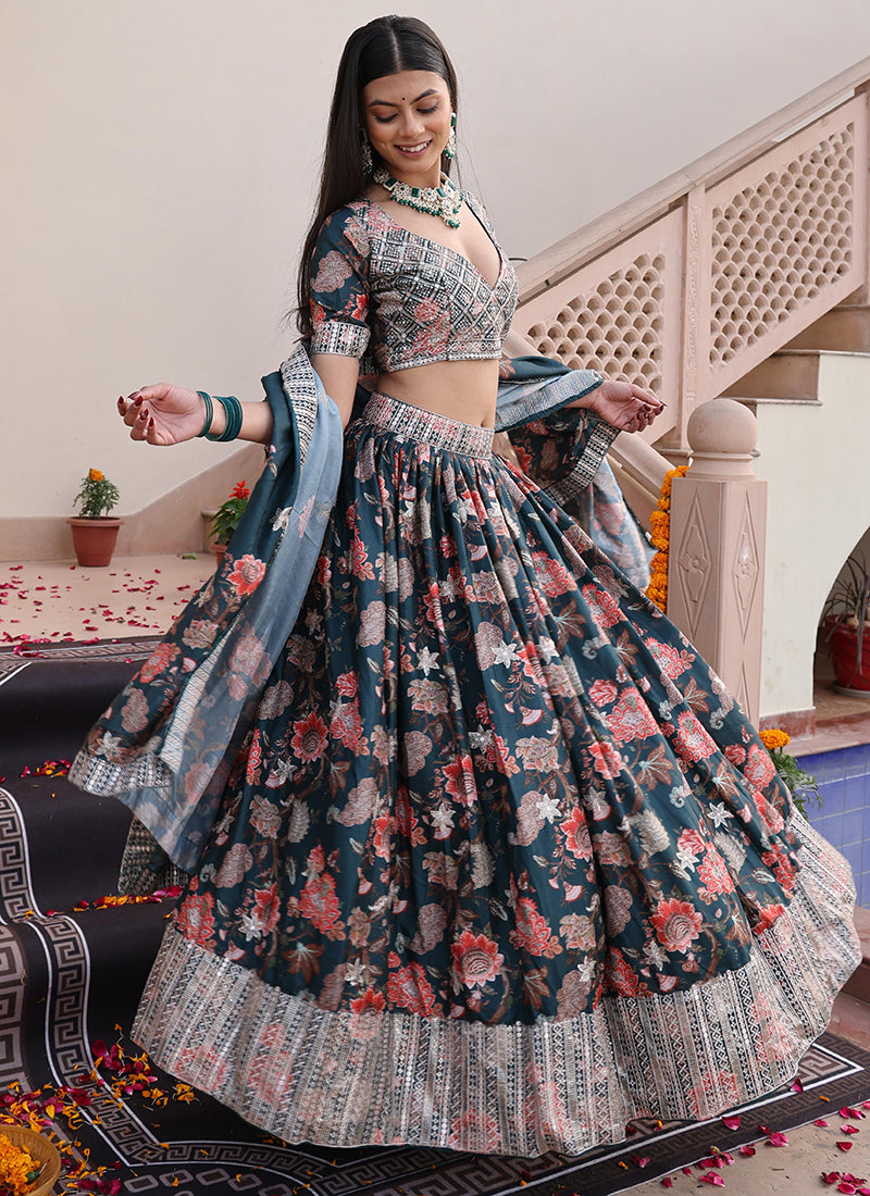 Chinon Multi Color Ocassional Wear Embroidery Work Lehenga Choli 386073