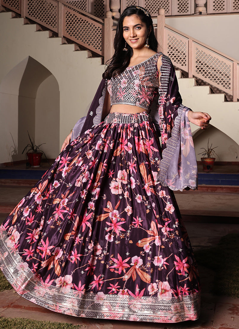 Chinon Multi Color Ocassional Wear Embroidery Work Lehenga Choli 386075