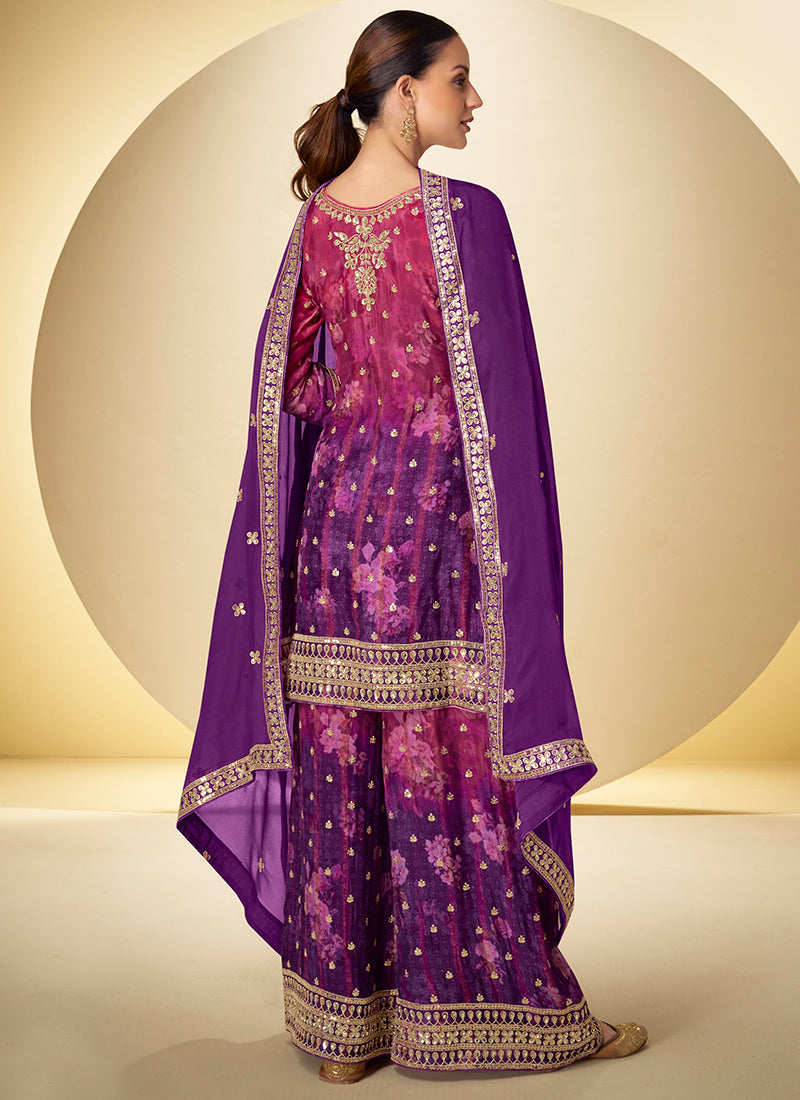 Chinon Silk Multi Color Party Wear Digital Print Work Readymade Plazzo Suit 386439