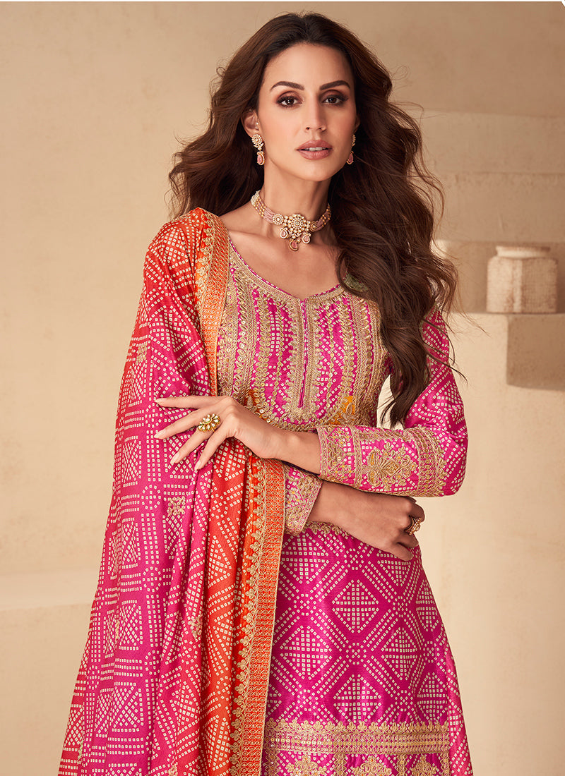 Chinon Silk Multi Color Party Wear Digital Print Work Readymade Plazzo Suit 386085