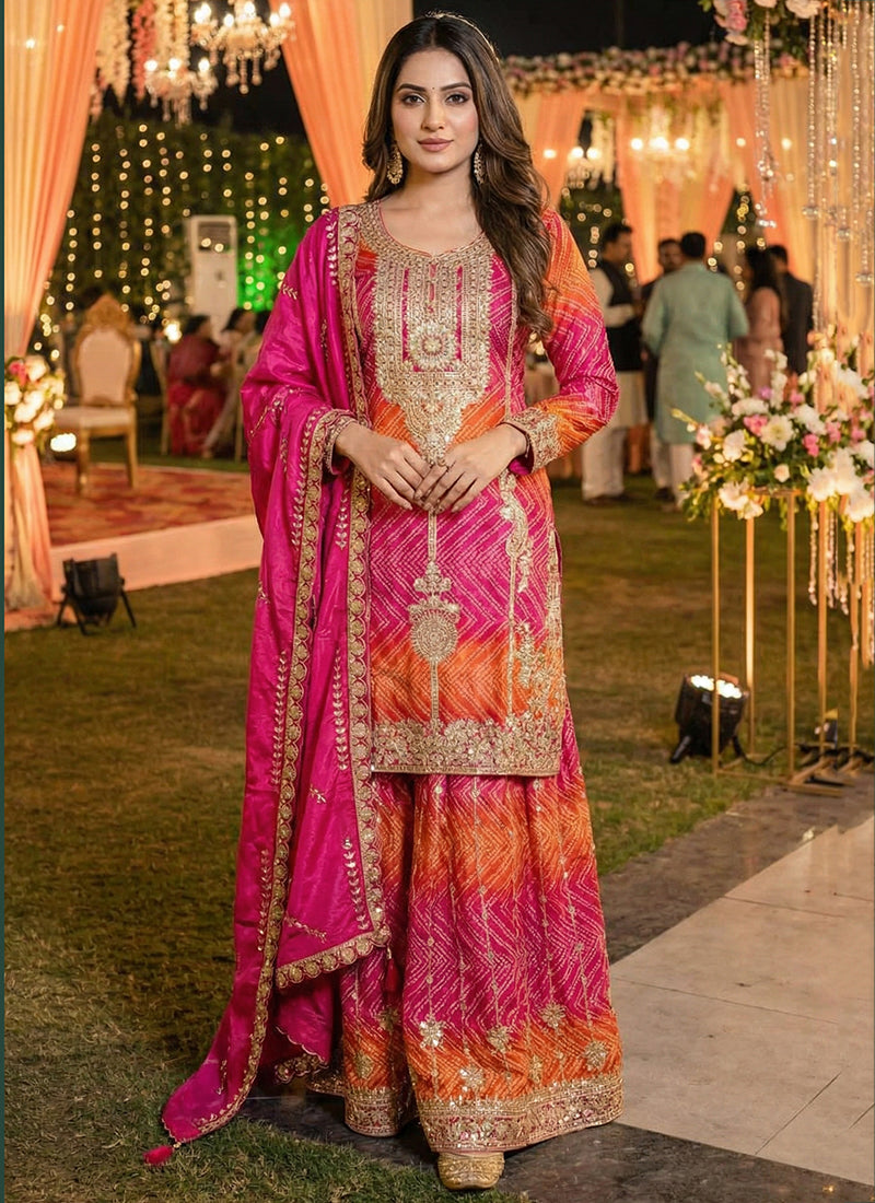 Chinon Silk Multi Color Party Wear Zari Work Readymade Plazzo Suit 388607