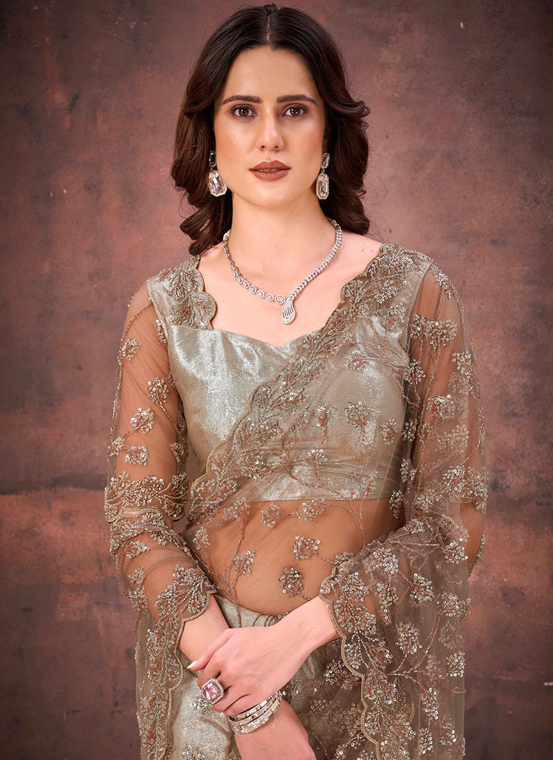 Foil Satin Multi Color Wedding Wear Bead Work Ready To Wear Saree 387529