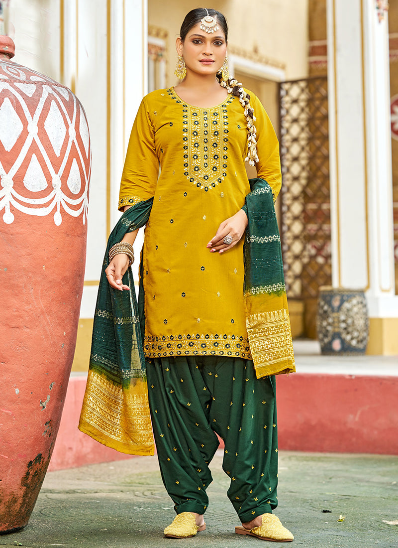 Gadhwal Silk Multi Color Festival Wear Embroidery Work Readymade Patiyala Suit 385796