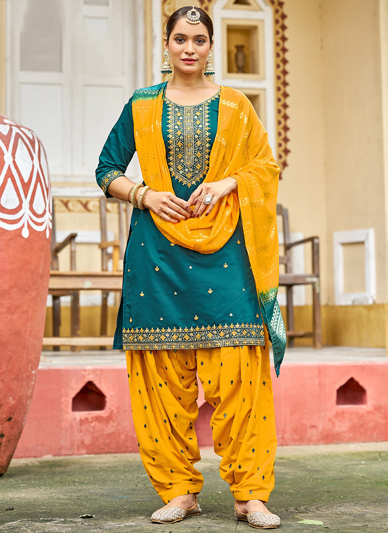 Gadhwal Silk Multi Color Festival Wear Embroidery Work Readymade Patiyala Suit 385798