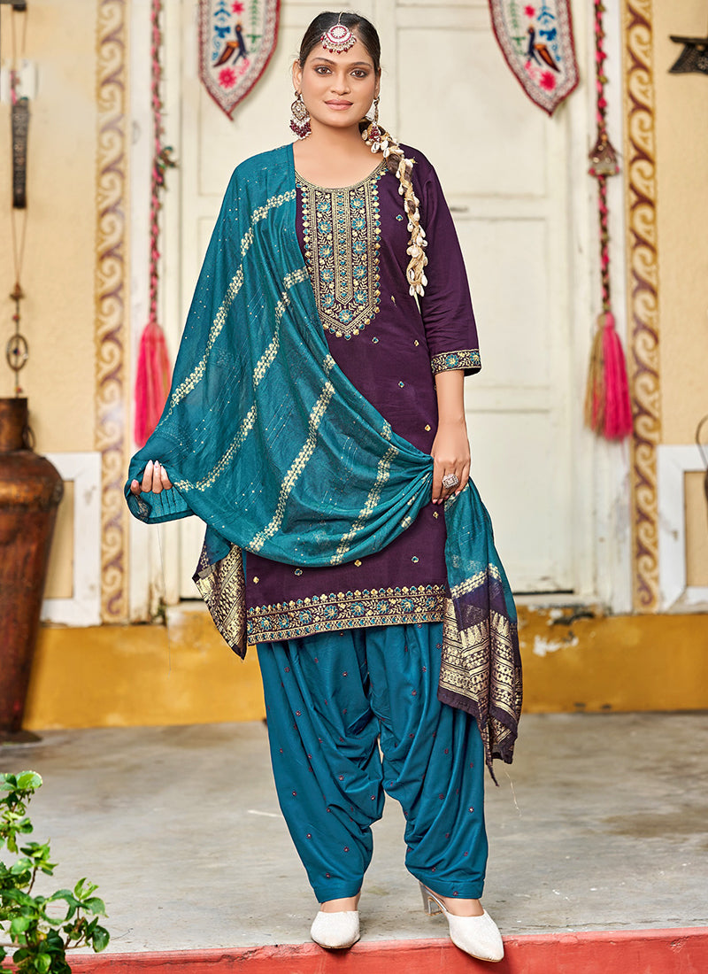Gadhwal Silk Multi Color Festival Wear Embroidery Work Readymade Patiyala Suit 385803