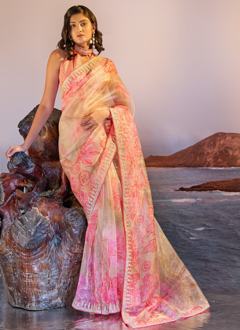 Organza Multi Color Saree with Digital Print for Bridal Wear 380779