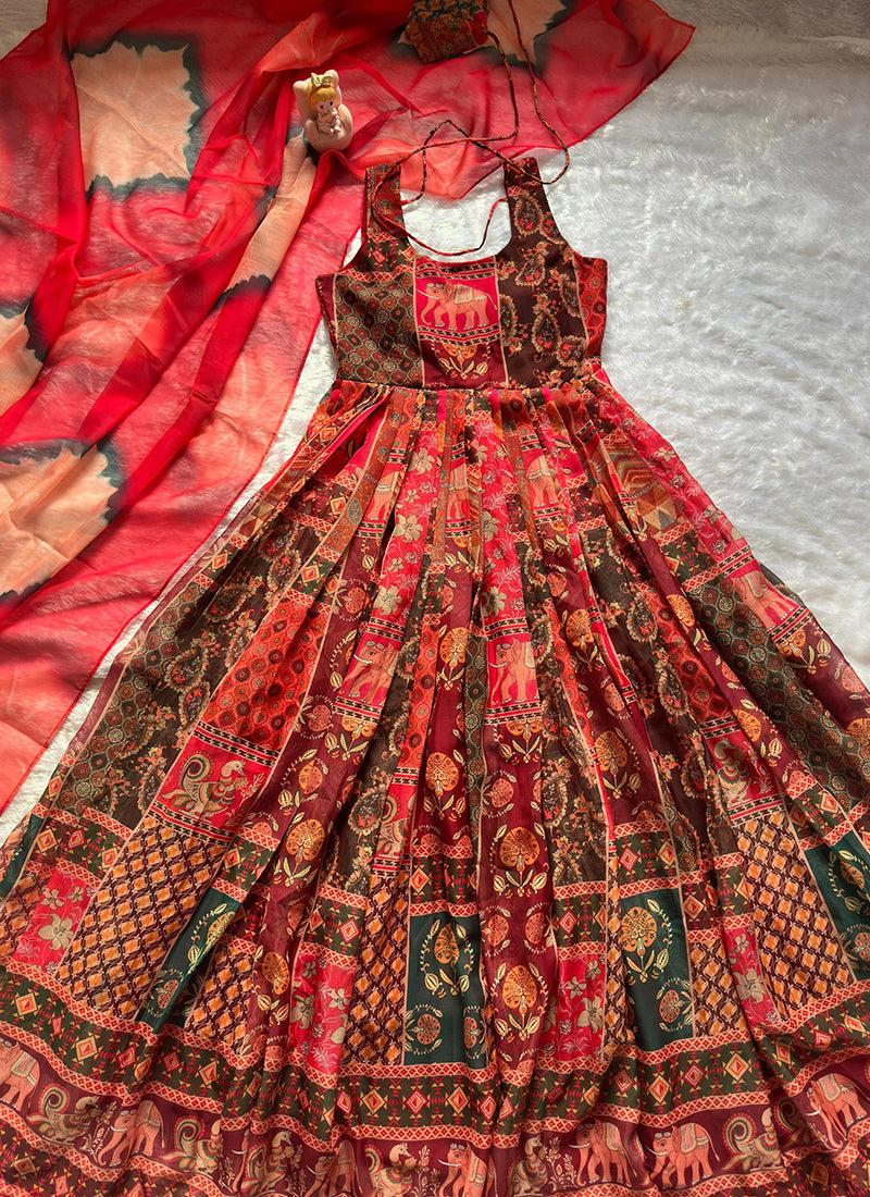 Multi Color Organza Printed Work Party Wear Readymade Gown With Dupatta SW683723
