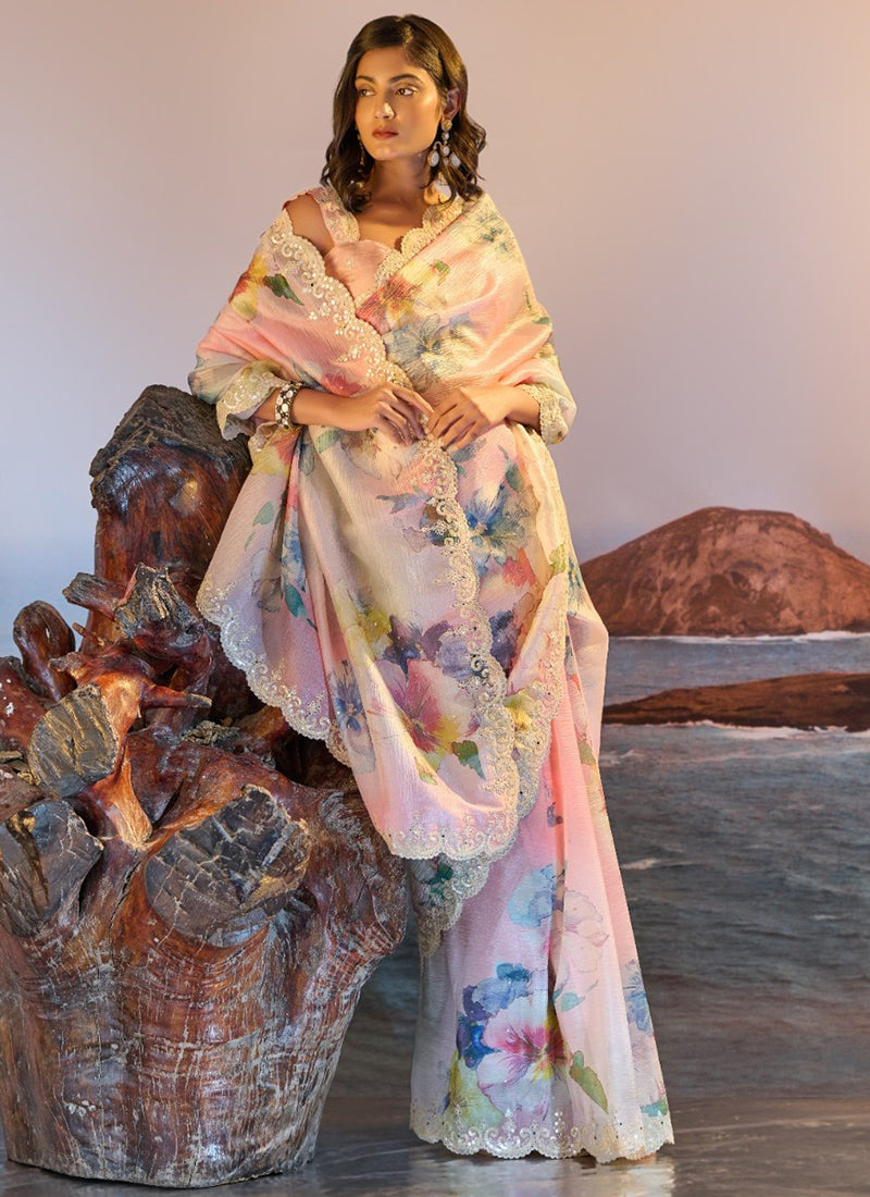 Satin Chiffon Crush Multi Color Saree with Digital Print for Bridal Wear 380782