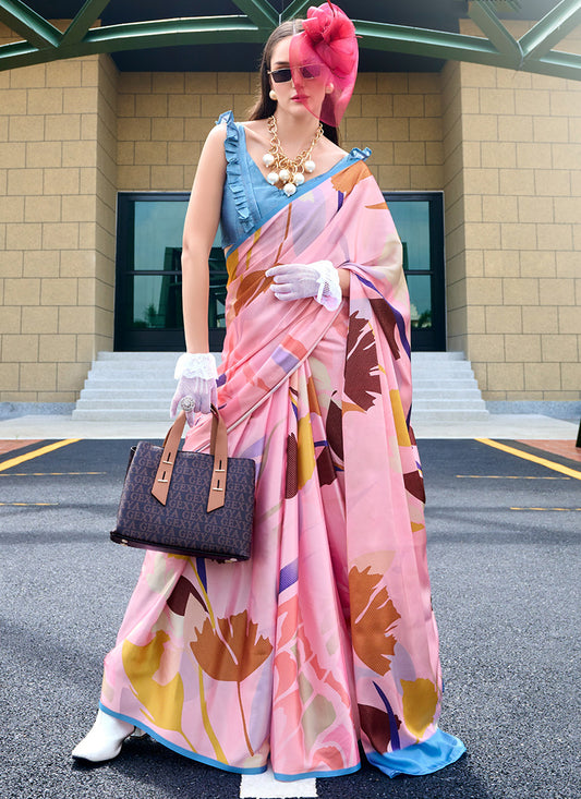 Satin Crape Multi Color Designer Wear Digital Print Work Saree 385602