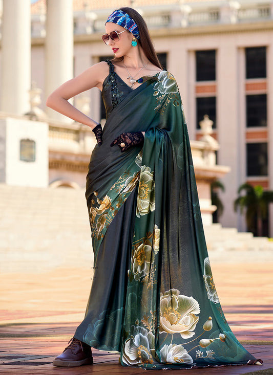 Satin Crape Multi Color Designer Wear Digital Print Work Saree 385607