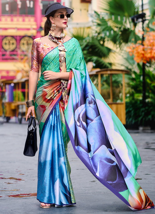Satin Crape Multi Color Designer Wear Digital Print Work Saree 385608