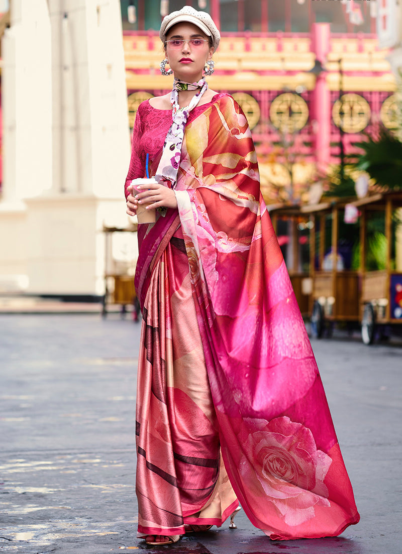 Satin Crape Multi Color Designer Wear Digital Print Work Saree 385610