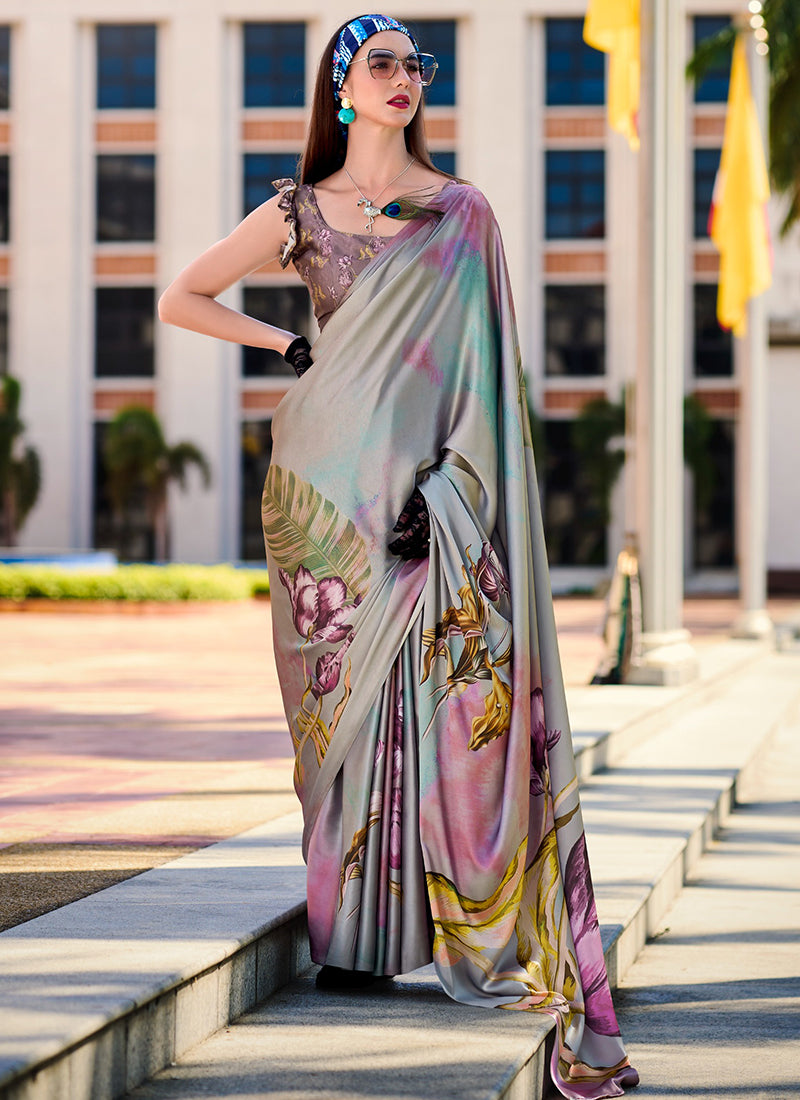 Satin Crape Multi Color Designer Wear Digital Print Work Saree 385611