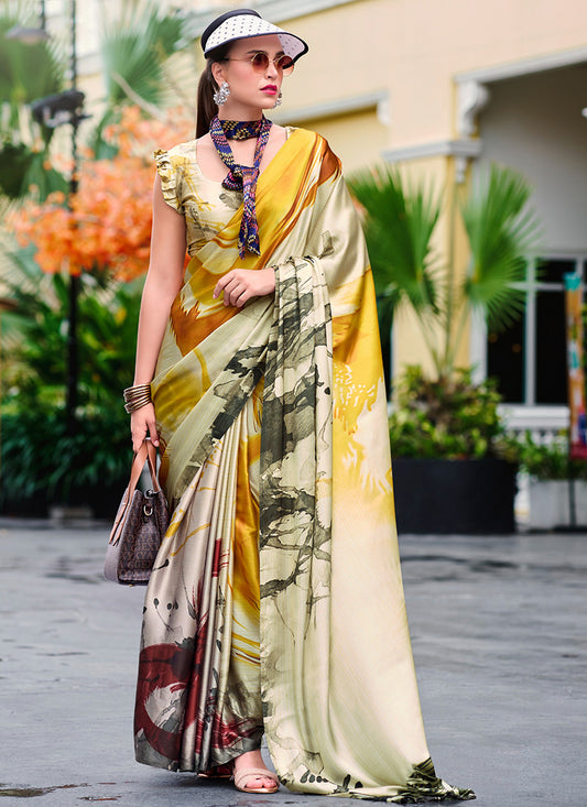 Satin Crape Multi Color Designer Wear Digital Print Work Saree 385621