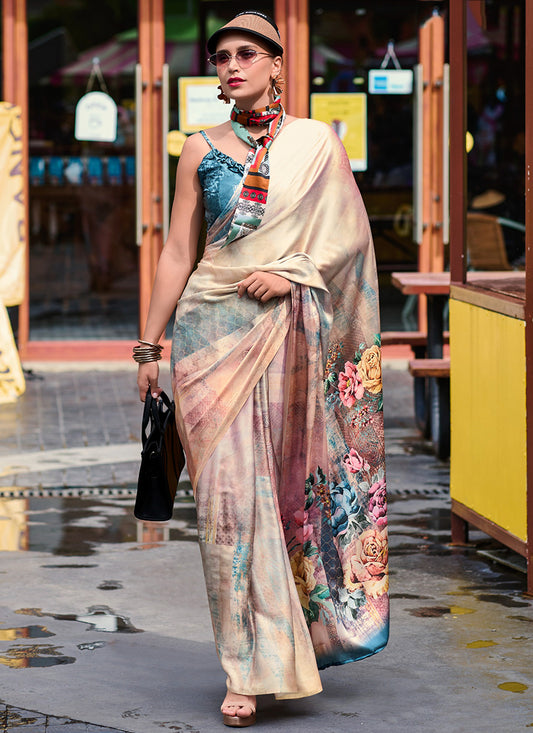 Satin Crape Multi Color Designer Wear Digital Print Work Saree 385624