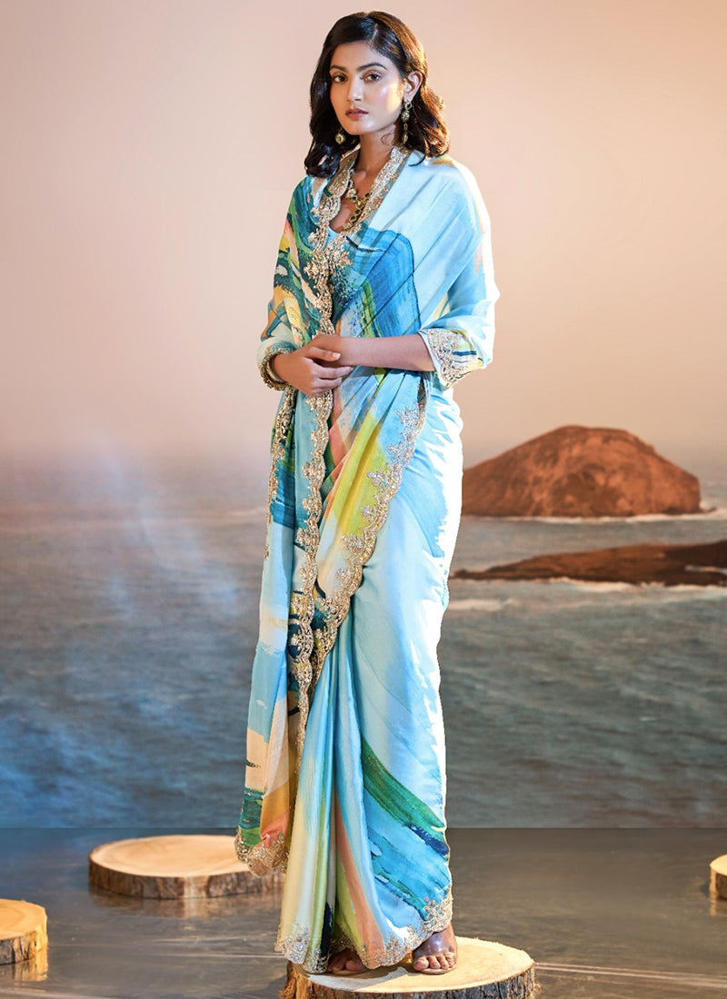 Satin Multi Color Saree with Digital Print for Bridal Wear 380776