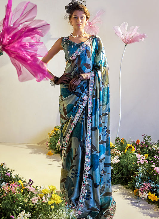 Satin Silk Multi Color Saree with Digital Print Work for Festival Wear 381843