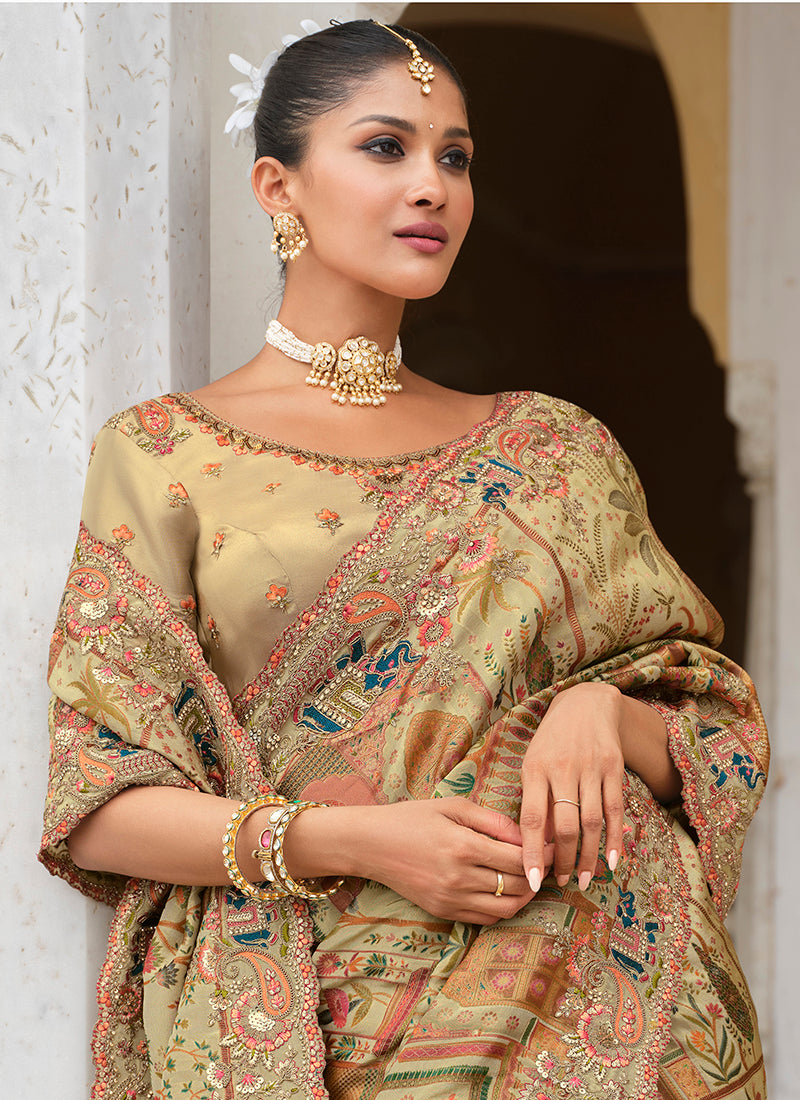 Zari Silk Multi Color Wedding Wear Embroidery Khatil Work Wedding Saree 388432