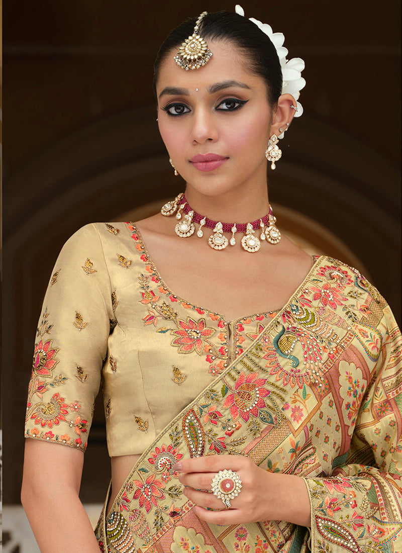 Zari Silk Multi Color Wedding Wear Embroidery Khatil Work Wedding Saree 388438