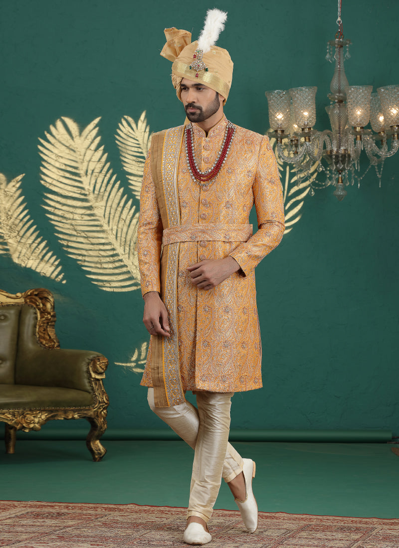 Banarasi Jacquard Mustard Wedding Wear Hand Embroidery Readymade Groom Sherwani 385996