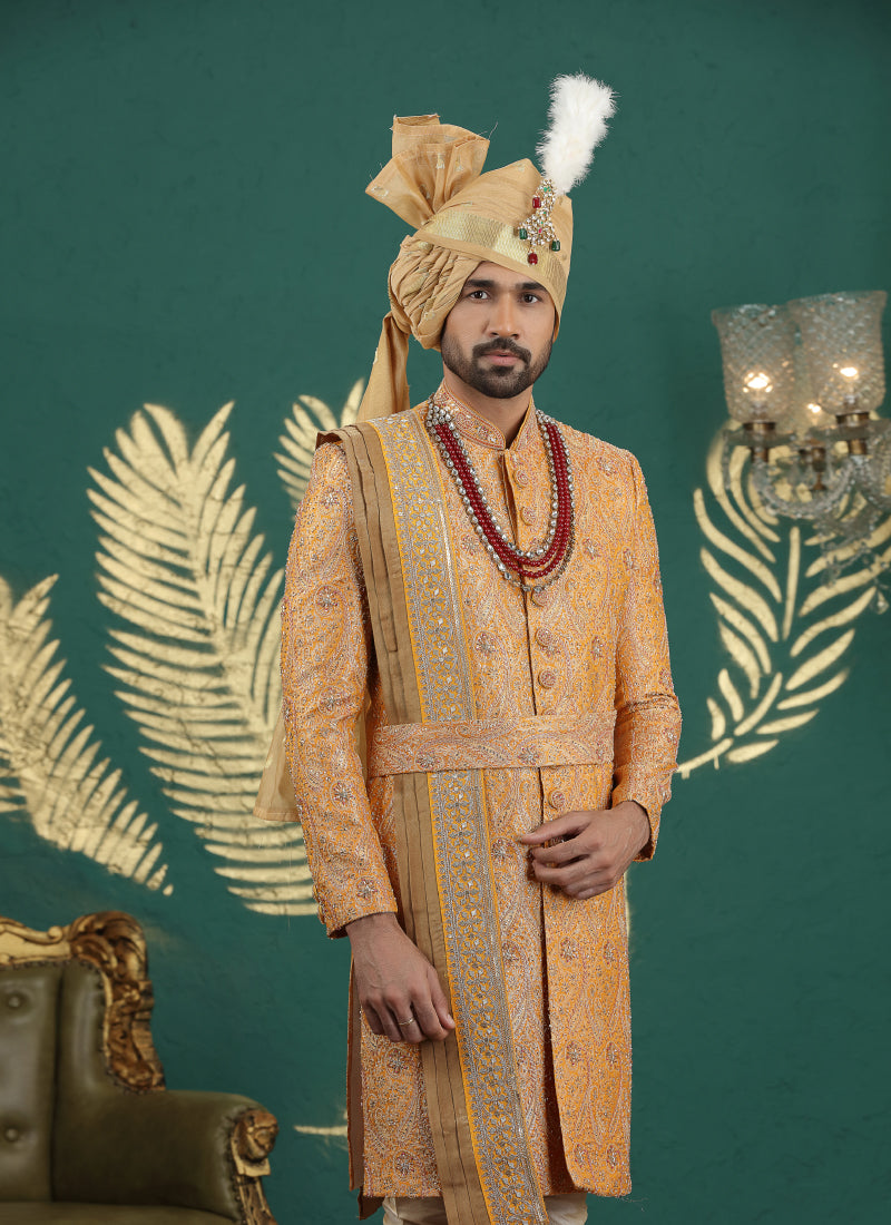 Banarasi Jacquard Mustard Wedding Wear Hand Embroidery Readymade Groom Sherwani 385996