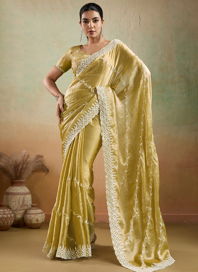 Chiffon Mustard Saree with Sequin Work for Festival Wear 383759