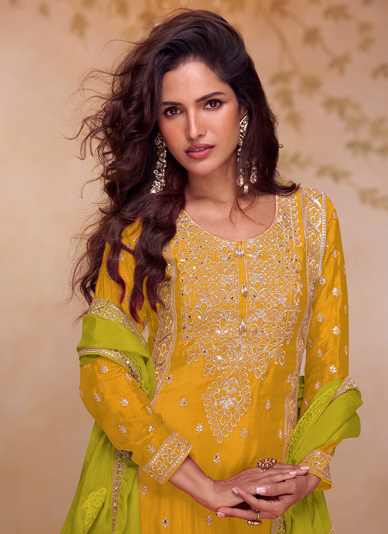 Mustard Chinon Embroidery Work Wedding Wear Readymade Plazzo Suit SW662913