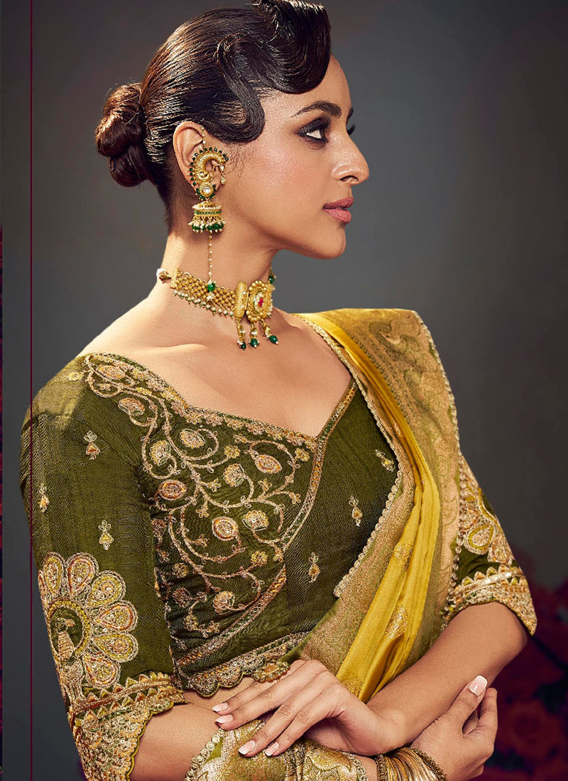 Fancy Fabric Mustard Wedding Wear Embroidery Work Saree 385871