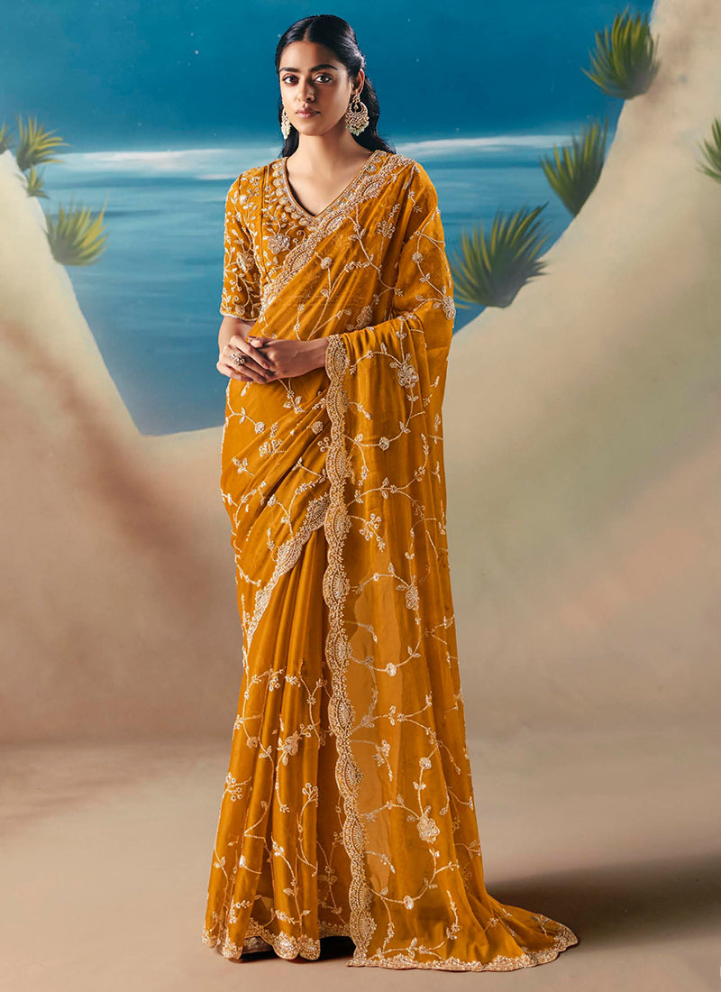 Fancy Mustard Saree with Sequins Work for Wedding Wear 385421