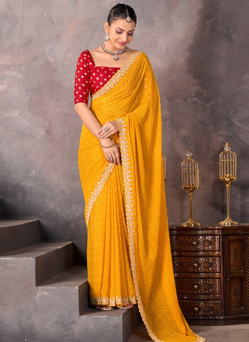 Georgette Mustard Saree with Embroidery Work for Daily Wear 382820