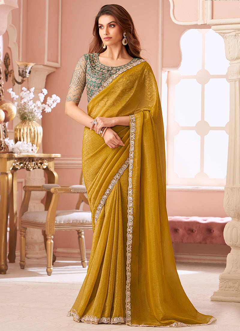 Georgette Mustard Saree with Border Work for Festival Wear 381876