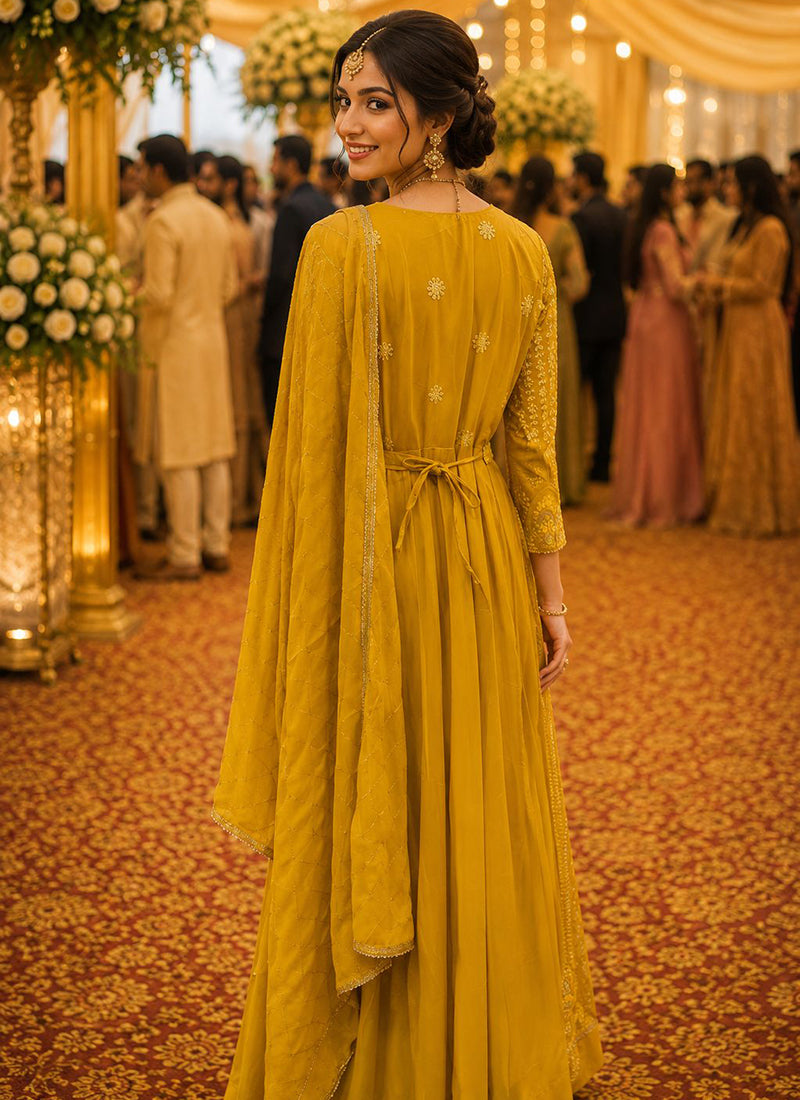 Mustard Georgette Embroidery Work Occasional Wear Readymade Anarkali Suit SW653497