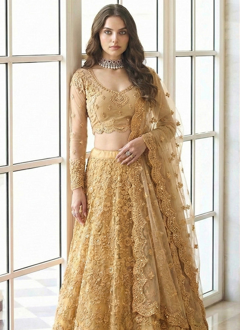 Mustard Net Embroidery Work Occasional Wear Lehenga Choli SW355134